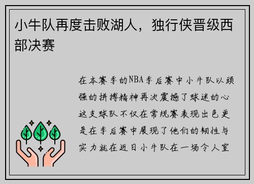 小牛队再度击败湖人，独行侠晋级西部决赛